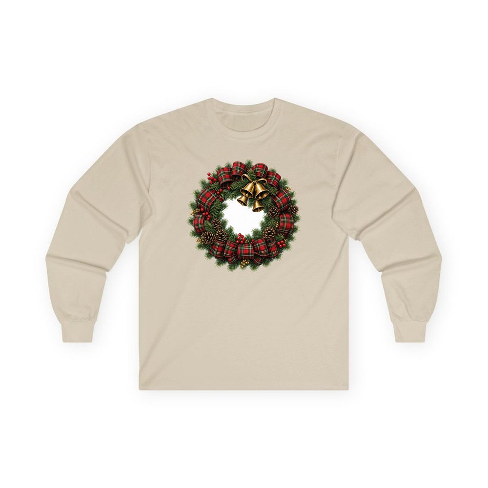 Tartan Wreath with Brass Bells personalised long sleeve Christmas T-shirt in sand