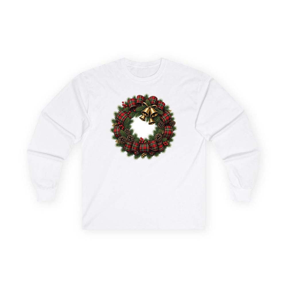 Tartan Wreath with Brass Bells personalised long sleeve Christmas T-shirt in white