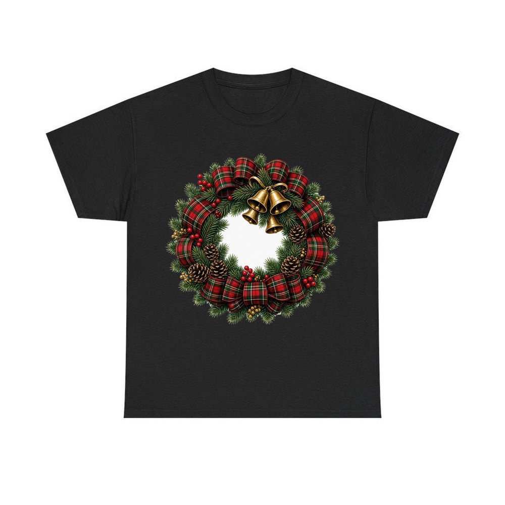 Tartan Wreath with Brass Bells personalised Christmas T-shirt in black