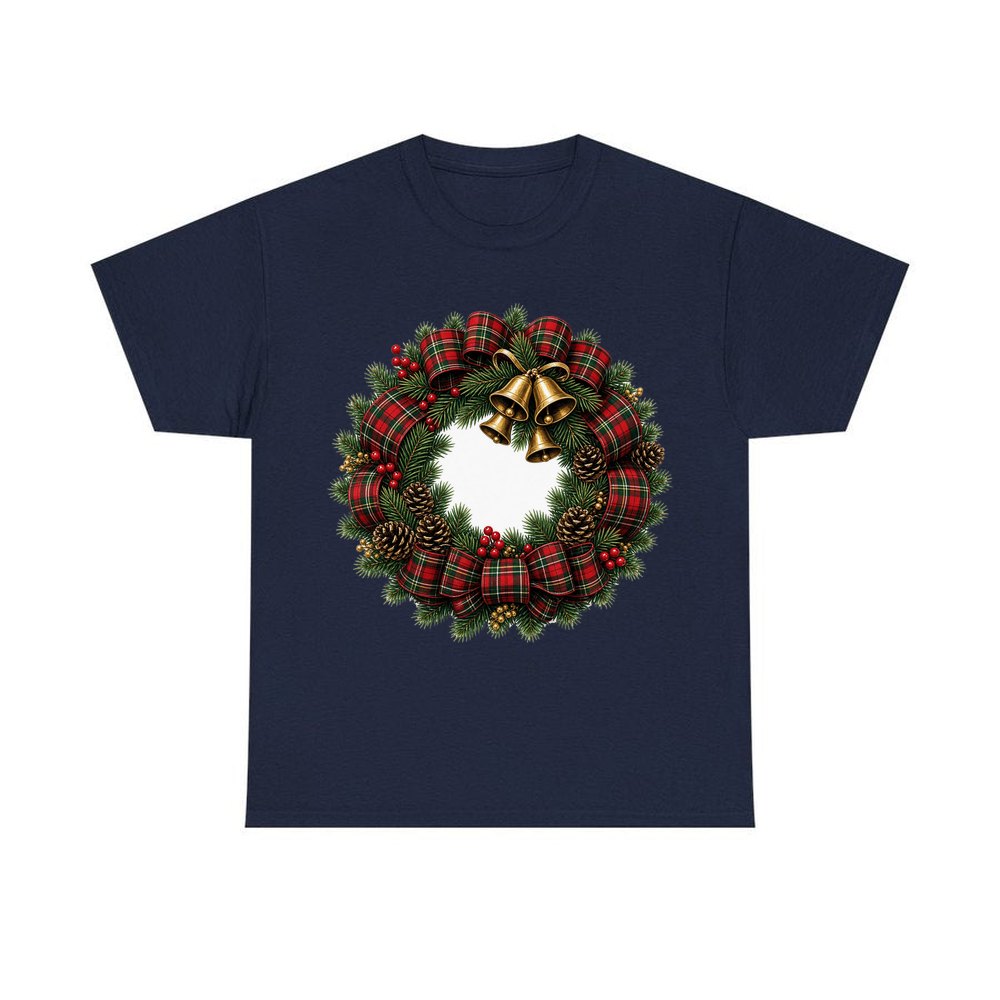 Tartan Wreath with Brass Bells personalised Christmas T-shirt in navy