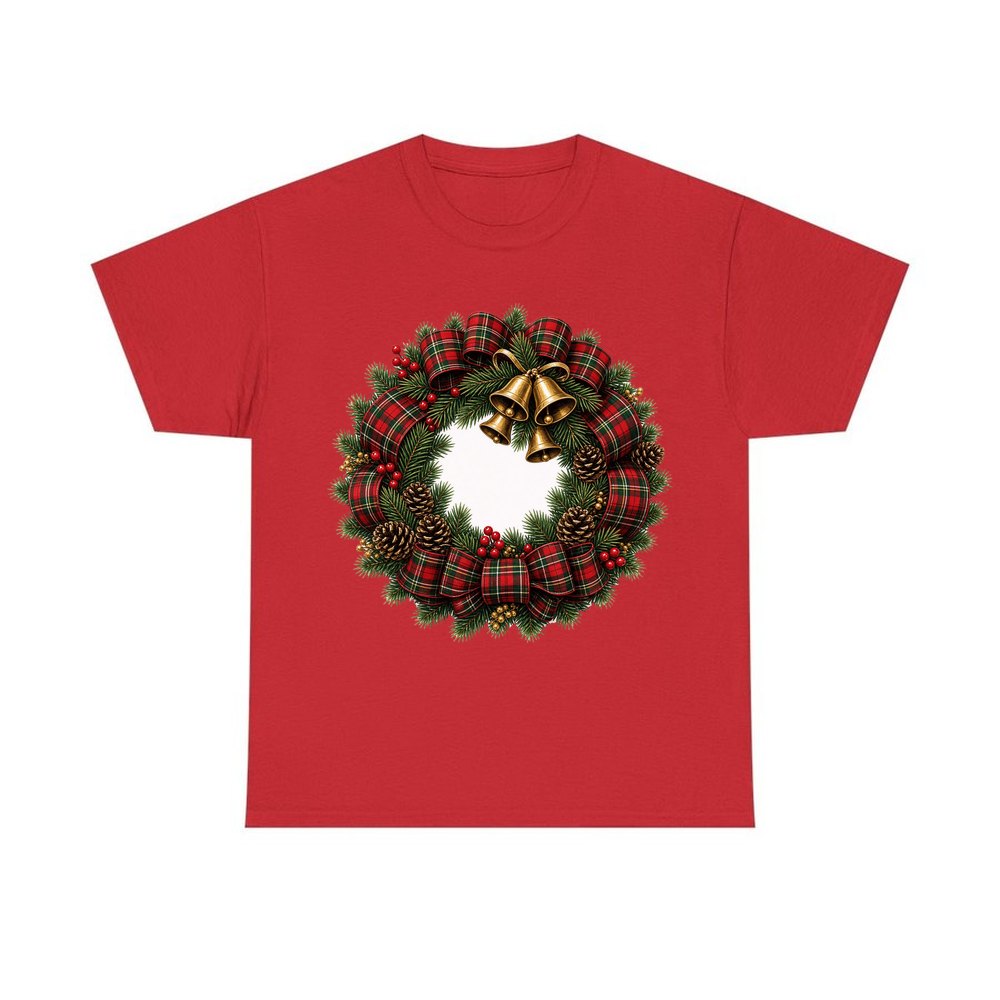 Tartan Wreath with Brass Bells personalised Christmas T-shirt in red