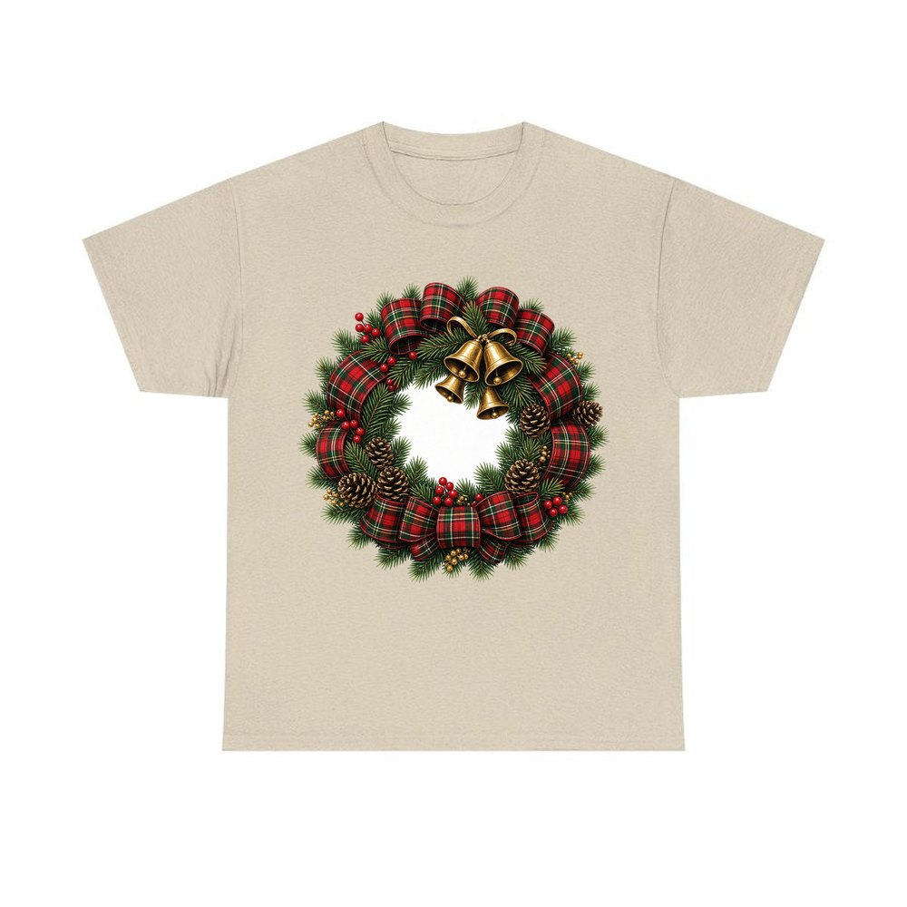 Tartan Wreath with Brass Bells personalised Christmas T-shirt in sand