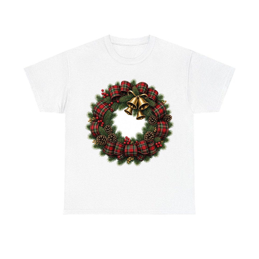Tartan Wreath with Brass Bells personalised Christmas T-shirt in white