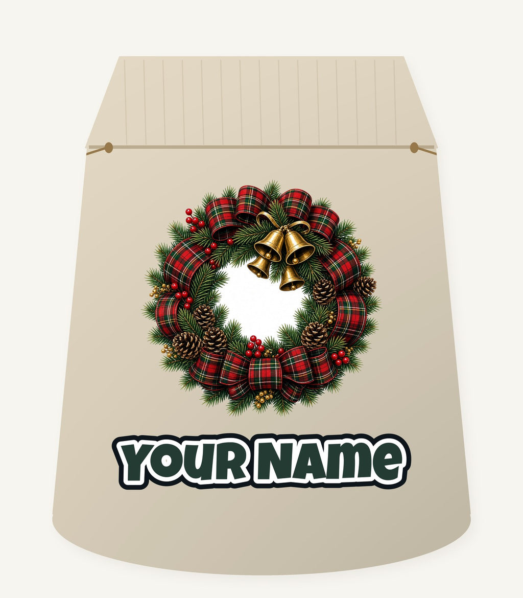 Tartan Wreath with Brass Bells Personalised Santa Sack
