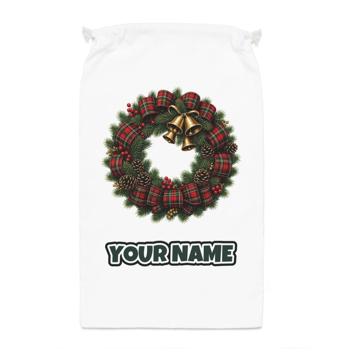 Tartan Wreath with Brass Bells Santa sack laid flat, showing the full print