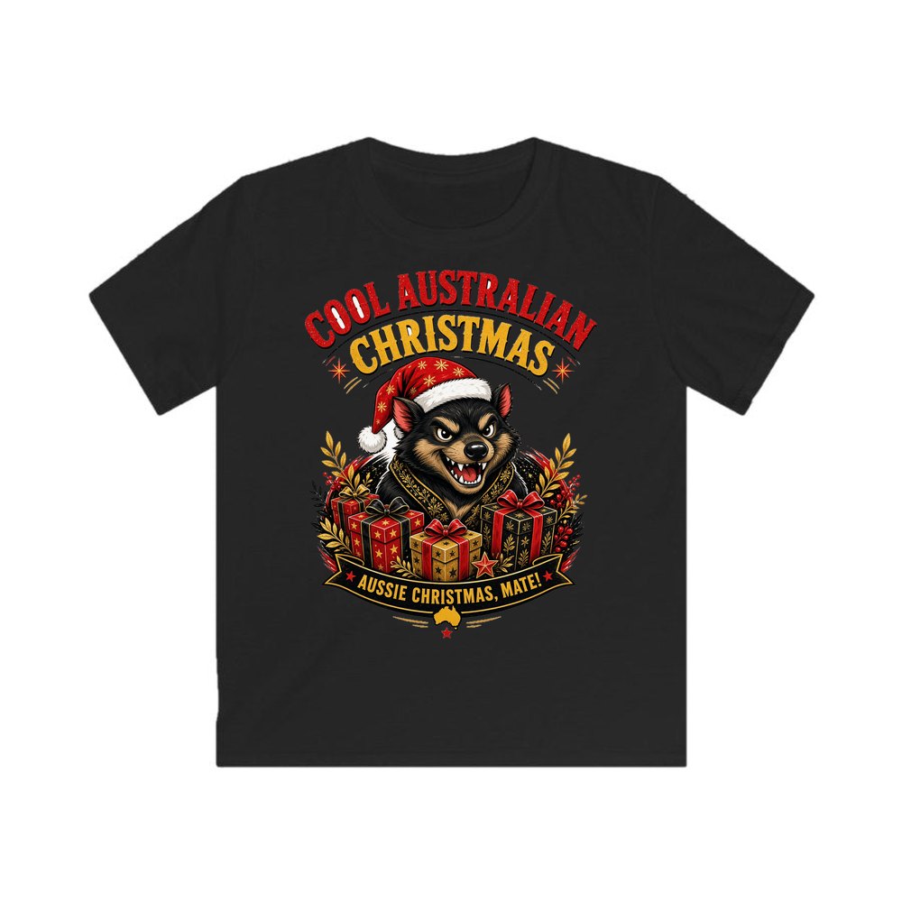 Tassie Devil Aussie Christmas personalised kids Christmas tee in black