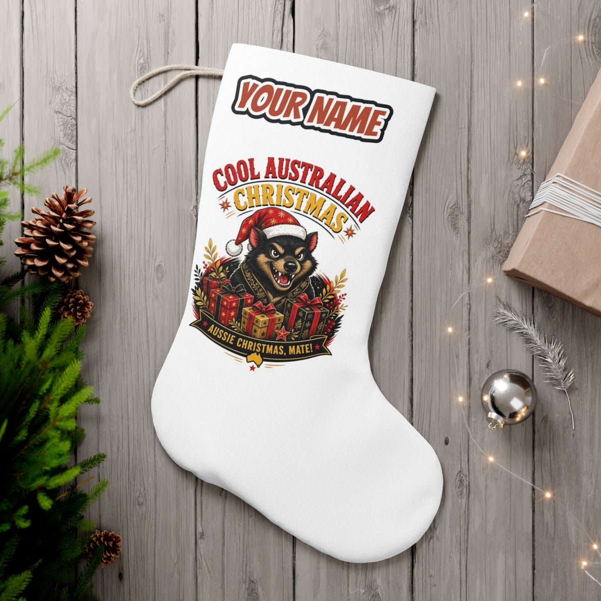 Tassie Devil Aussie Christmas personalised Christmas stocking, white, with the name across the top
