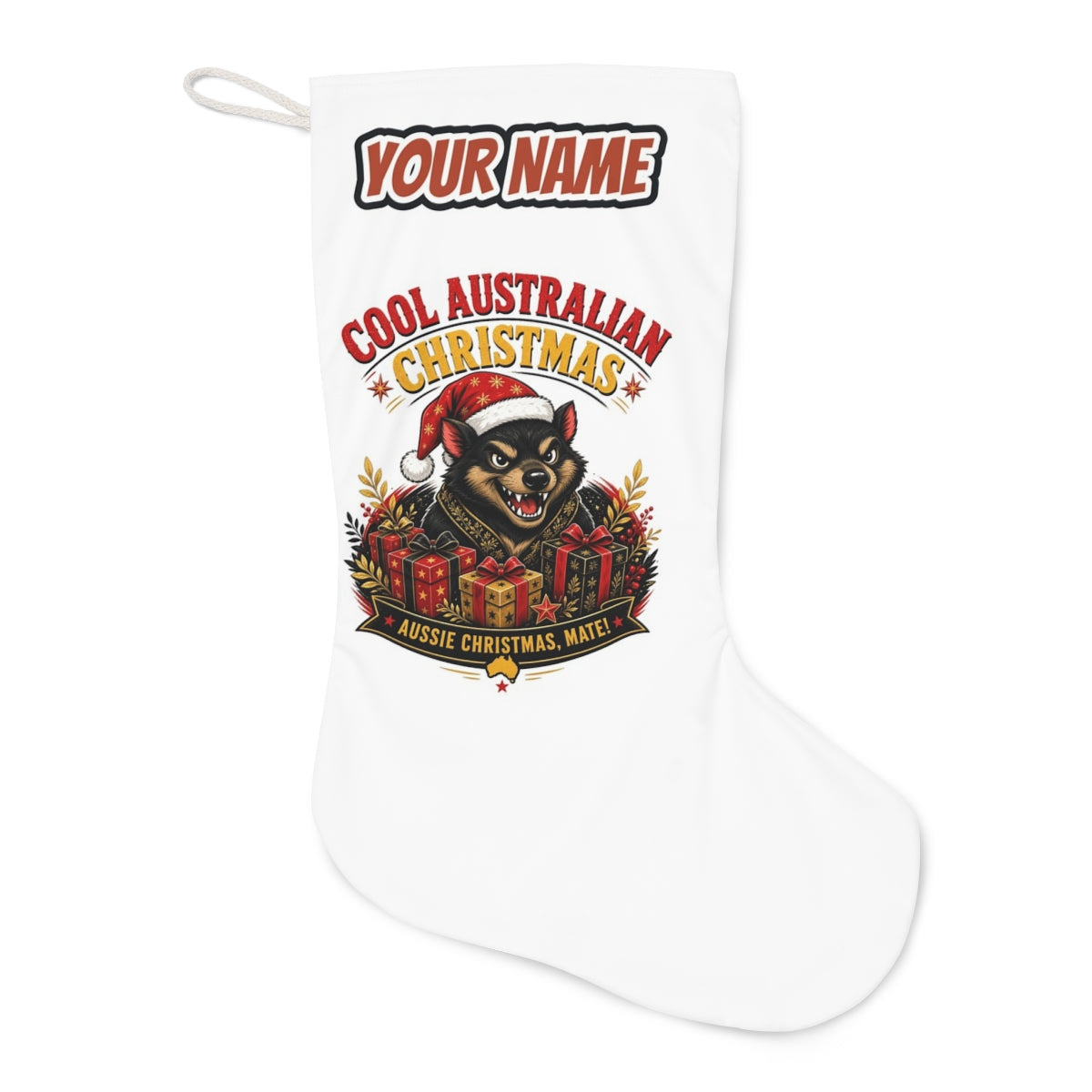 Tassie Devil Aussie Christmas Christmas stocking laid flat, showing the full print