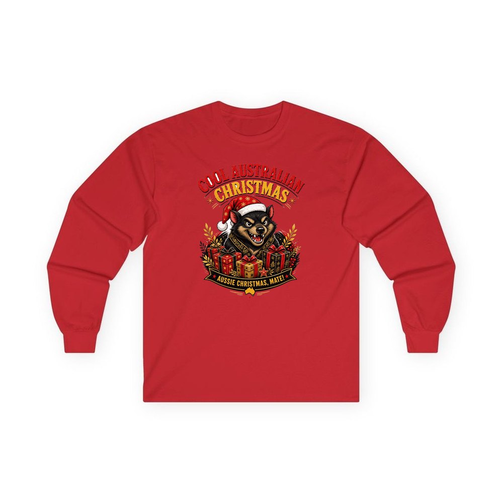 Tassie Devil Aussie Christmas personalised long sleeve Christmas T-shirt in red