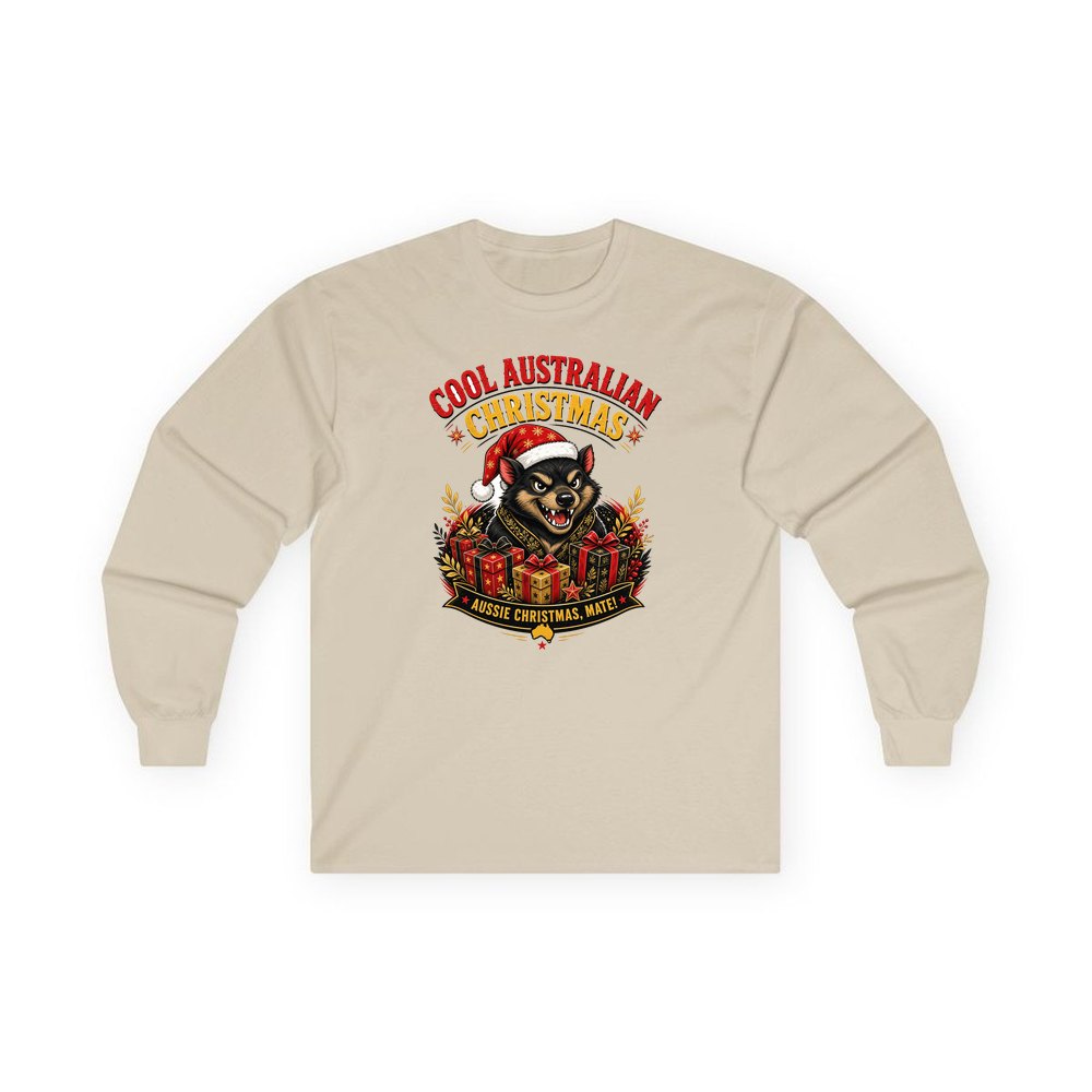 Tassie Devil Aussie Christmas personalised long sleeve Christmas T-shirt in sand