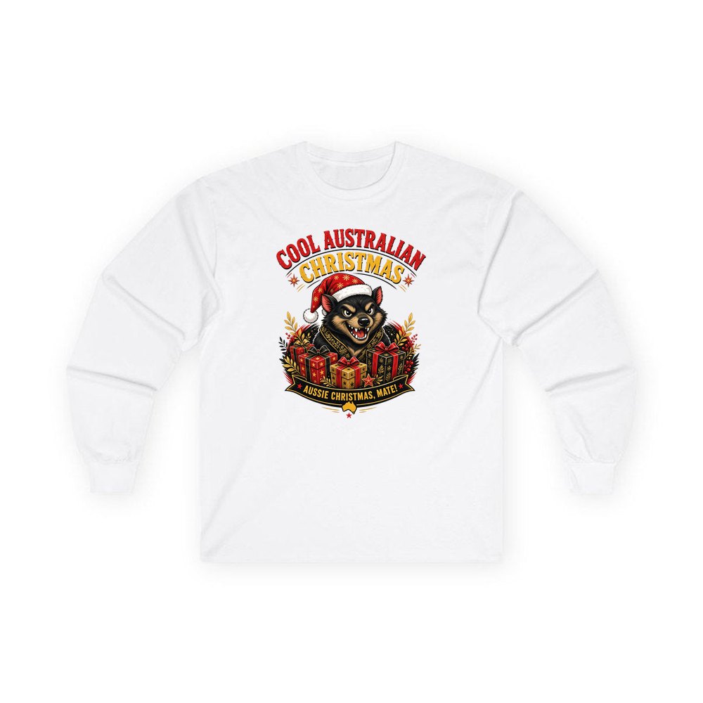 Tassie Devil Aussie Christmas personalised long sleeve Christmas T-shirt in white