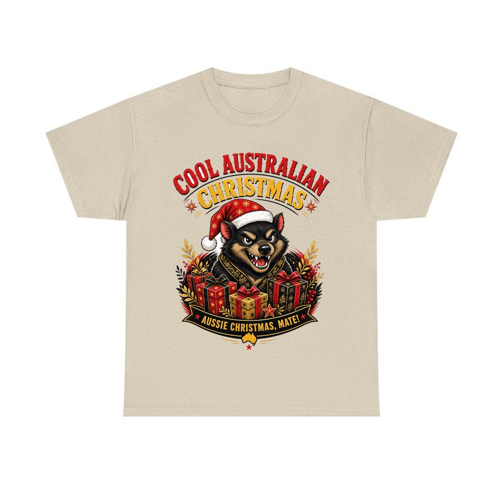 Tassie Devil Aussie Christmas personalised Christmas T-shirt in sand