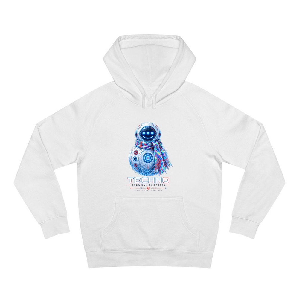 Techno Snowman Protocol personalised Christmas hoodie in white