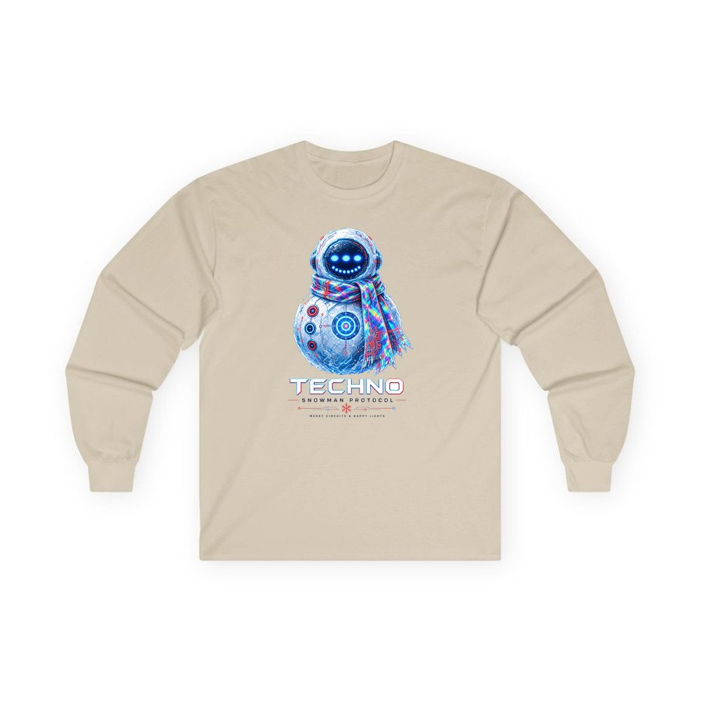 Techno Snowman Protocol personalised long sleeve Christmas T-shirt in sand