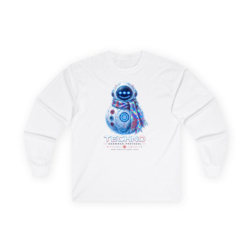 Techno Snowman Protocol personalised long sleeve Christmas T-shirt in white