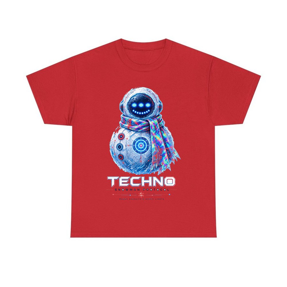 Techno Snowman Protocol personalised Christmas T-shirt in red