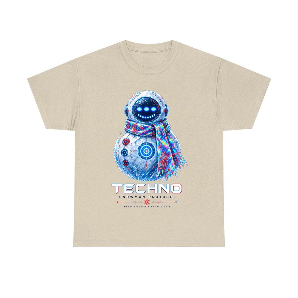 Techno Snowman Protocol personalised Christmas T-shirt in sand