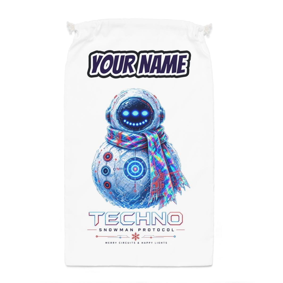 Techno Snowman Protocol Santa sack laid flat, showing the full print