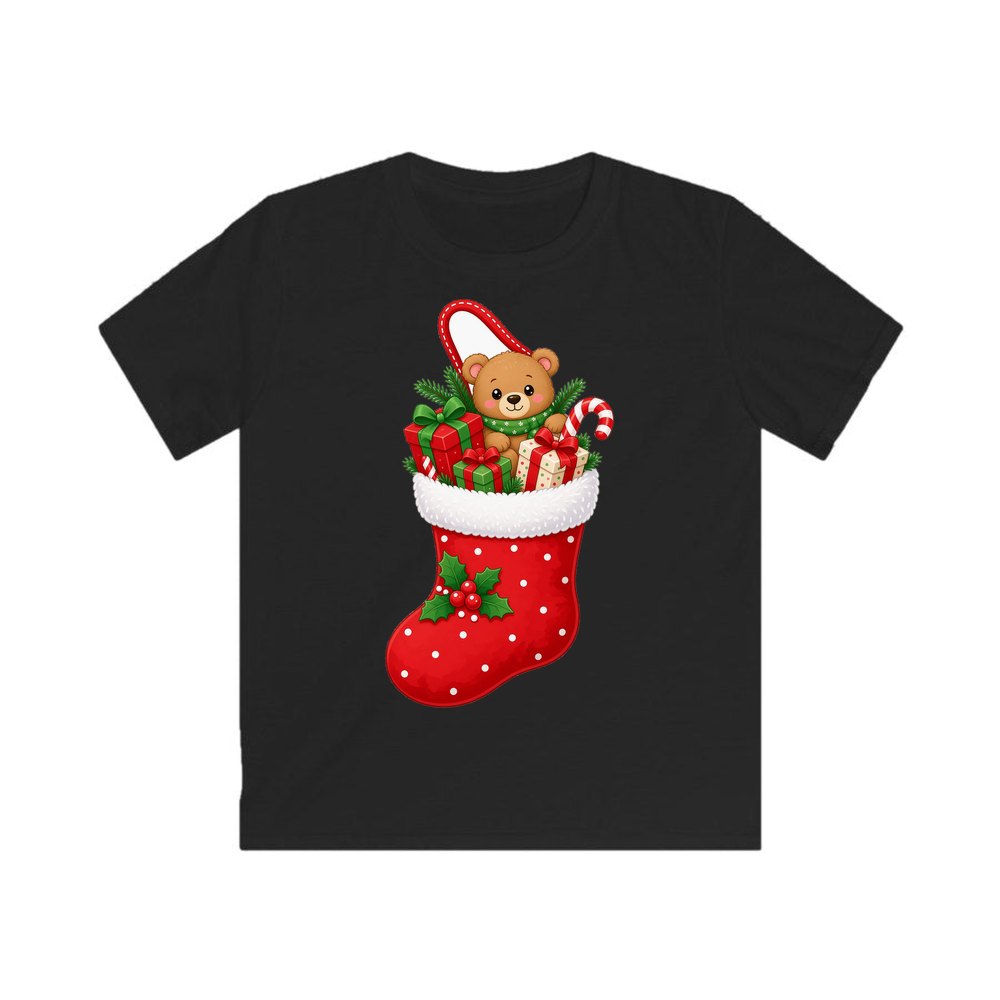 Teddy Bear Christmas Stocking personalised kids Christmas tee in black