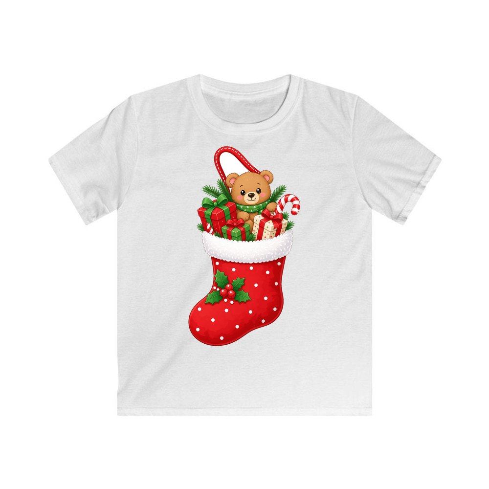 Teddy Bear Christmas Stocking personalised kids Christmas tee in white