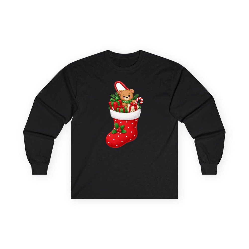 Teddy Bear Christmas Stocking personalised long sleeve Christmas T-shirt in black