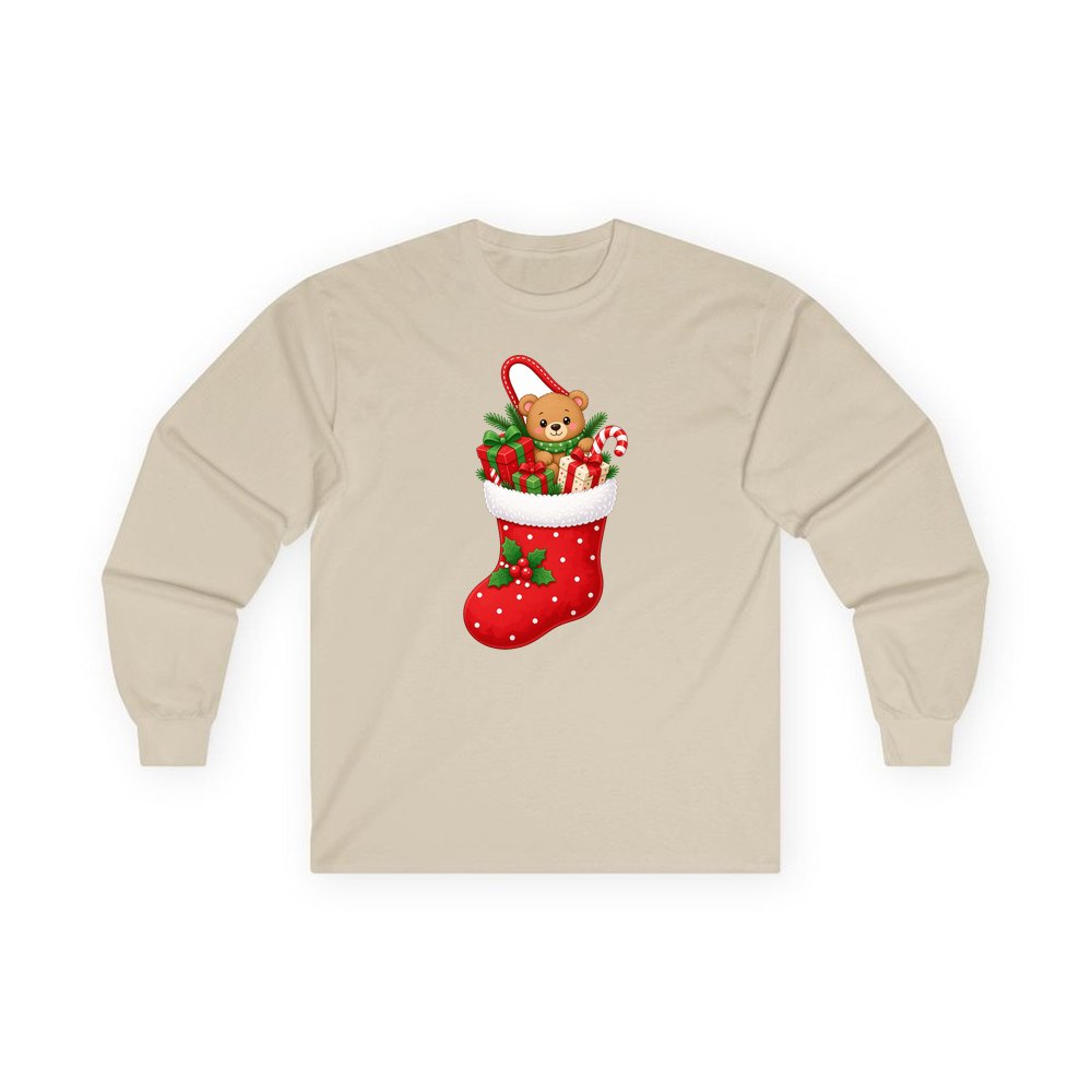 Teddy Bear Christmas Stocking personalised long sleeve Christmas T-shirt in sand