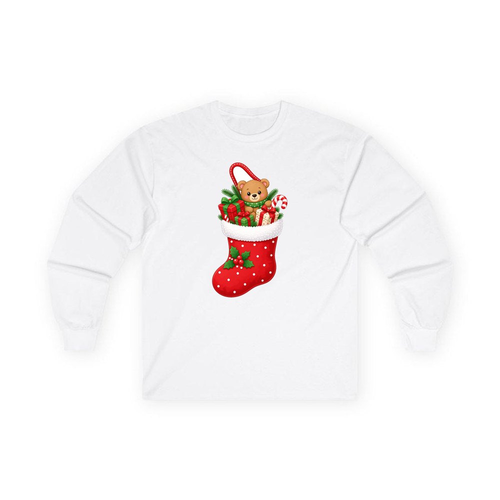 Teddy Bear Christmas Stocking personalised long sleeve Christmas T-shirt in white