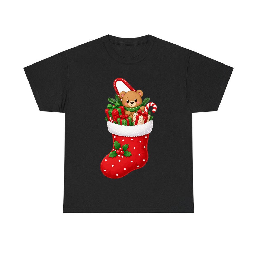 Teddy Bear Christmas Stocking personalised Christmas T-shirt in black