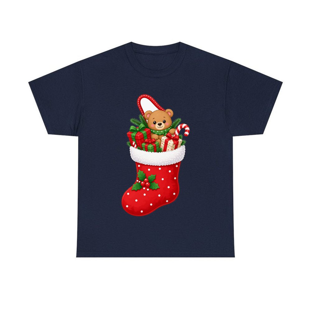 Teddy Bear Christmas Stocking personalised Christmas T-shirt in navy