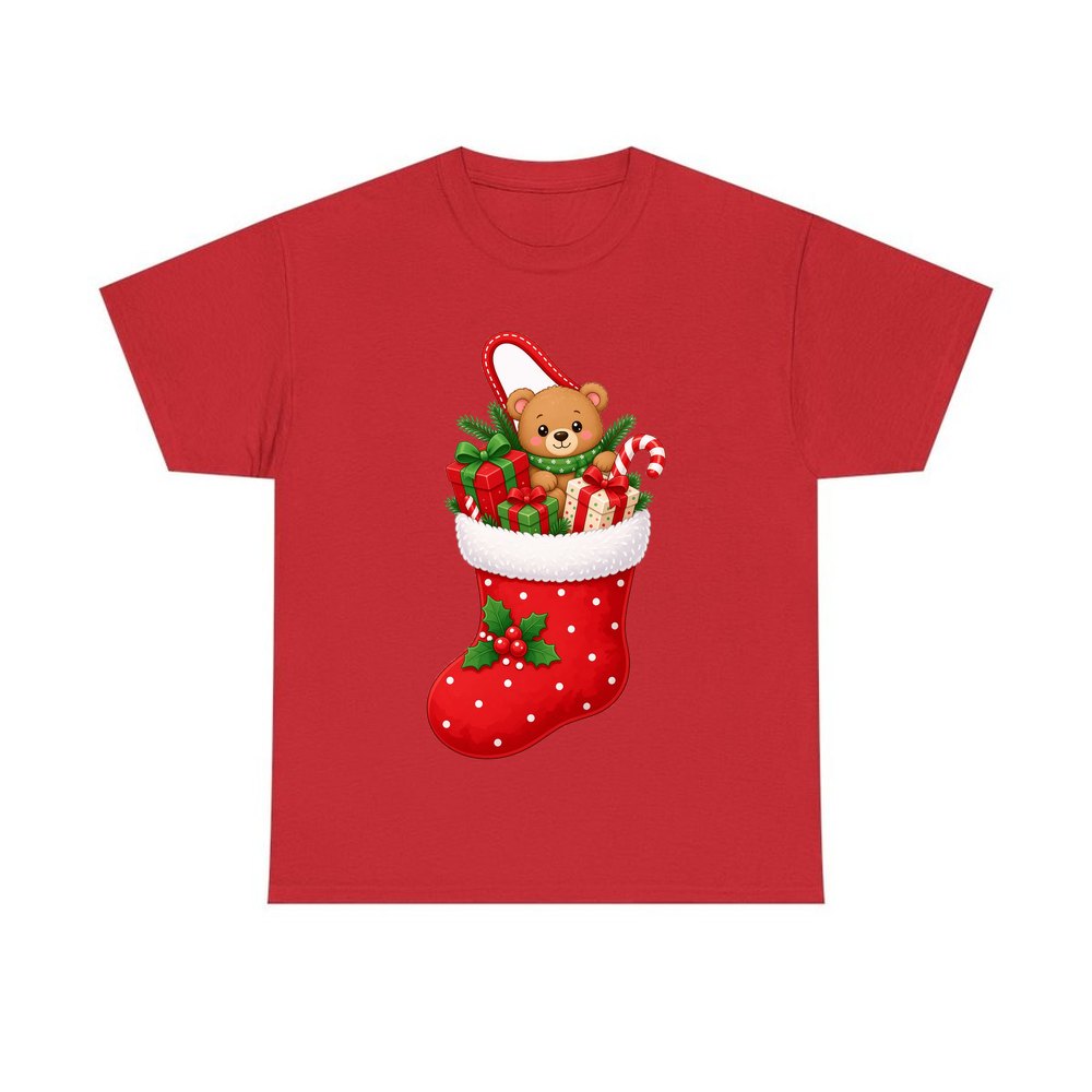 Teddy Bear Christmas Stocking personalised Christmas T-shirt in red
