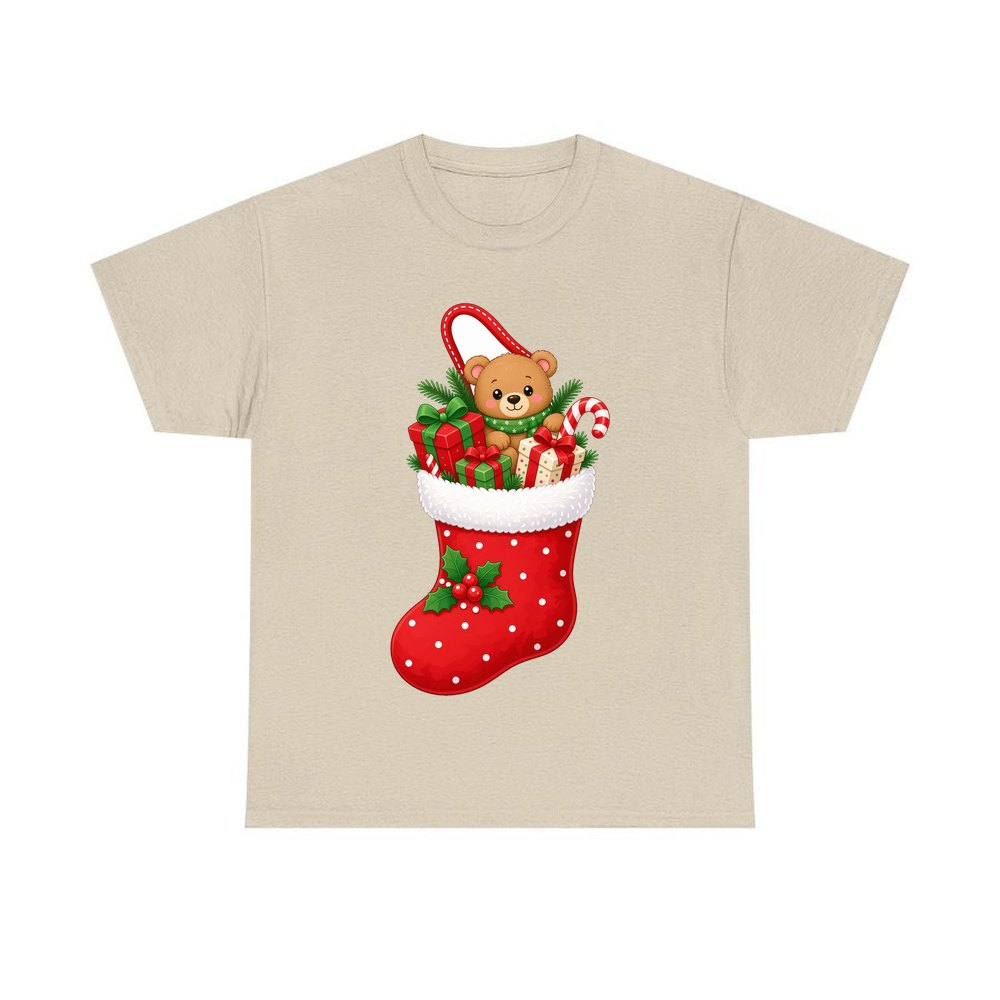 Teddy Bear Christmas Stocking personalised Christmas T-shirt in sand