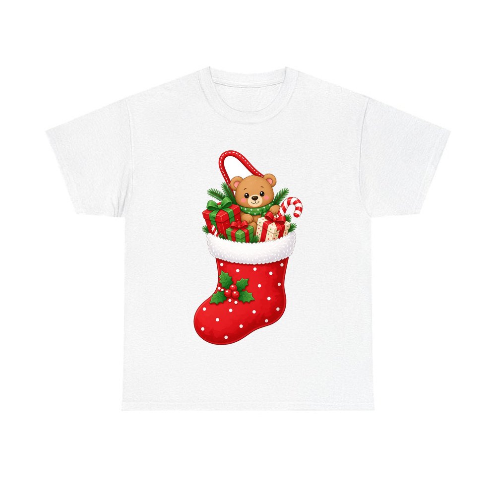 Teddy Bear Christmas Stocking personalised Christmas T-shirt in white