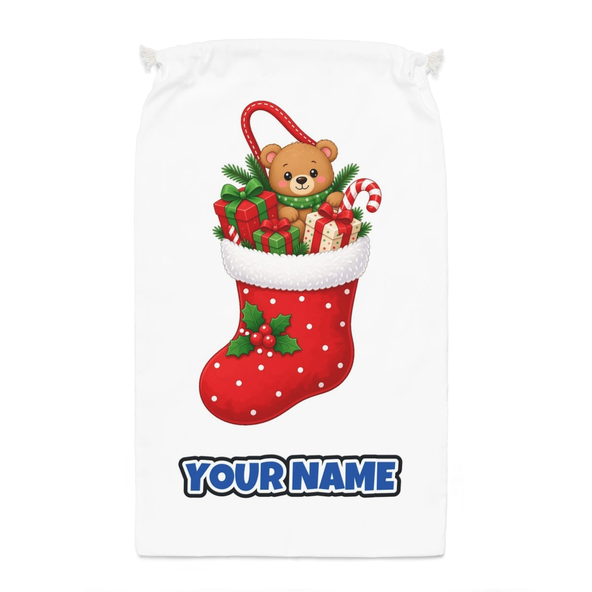 Teddy Bear Christmas Stocking Santa sack laid flat, showing the full print