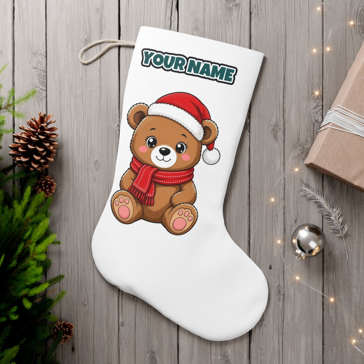 Teddy Bear In Santa Hat personalised Christmas stocking, white, with the name across the top