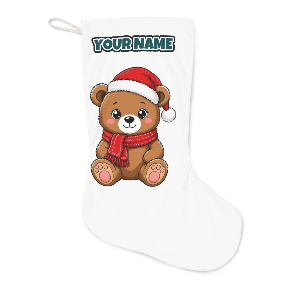 Teddy Bear In Santa Hat Christmas stocking laid flat, showing the full print