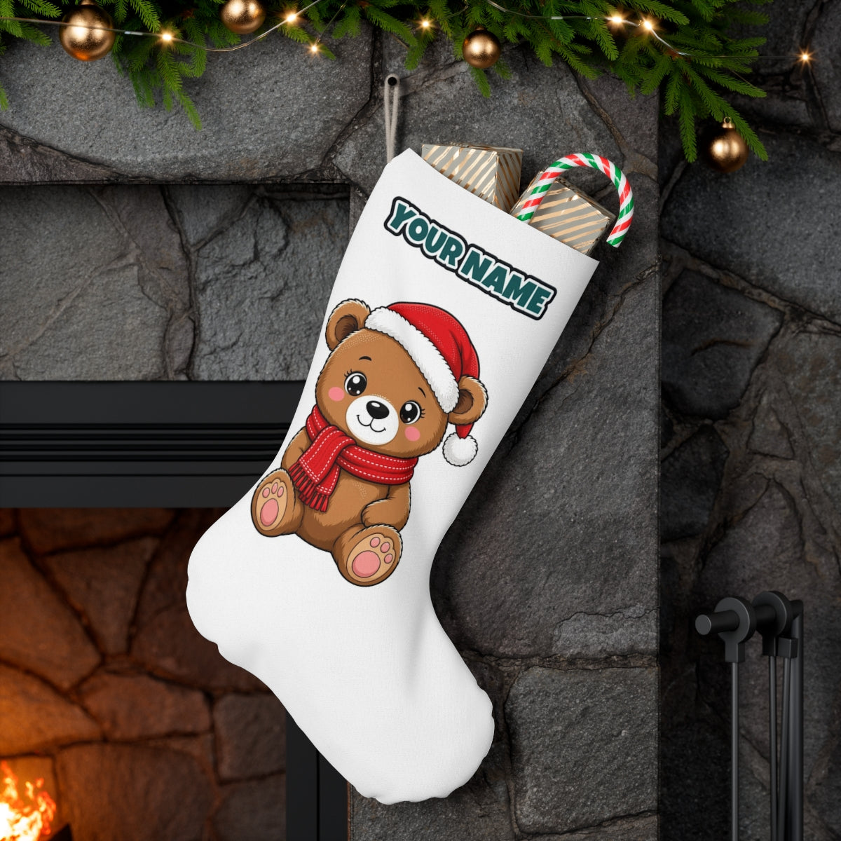 Teddy Bear In Santa Hat personalised Christmas stocking hanging on a mantel