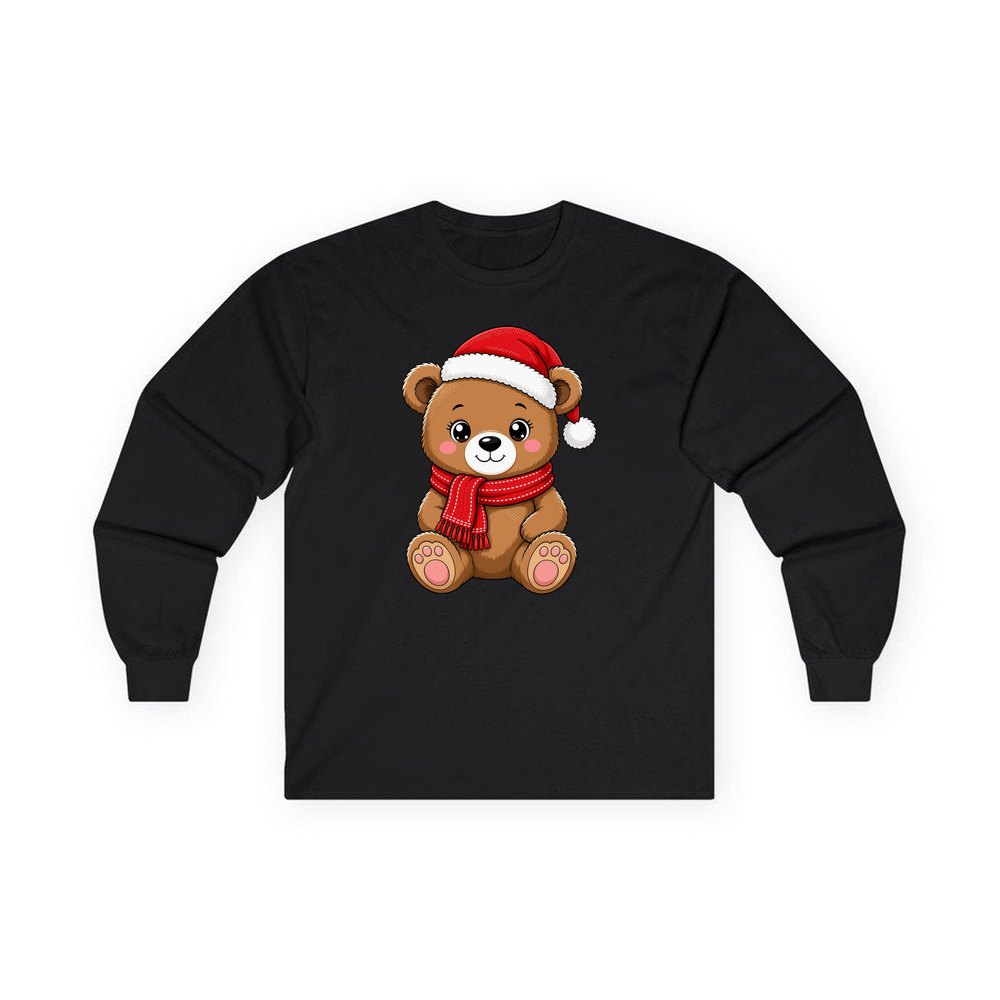 Teddy Bear In Santa Hat personalised long sleeve Christmas T-shirt in black
