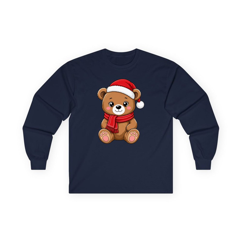 Teddy Bear In Santa Hat personalised long sleeve Christmas T-shirt in navy