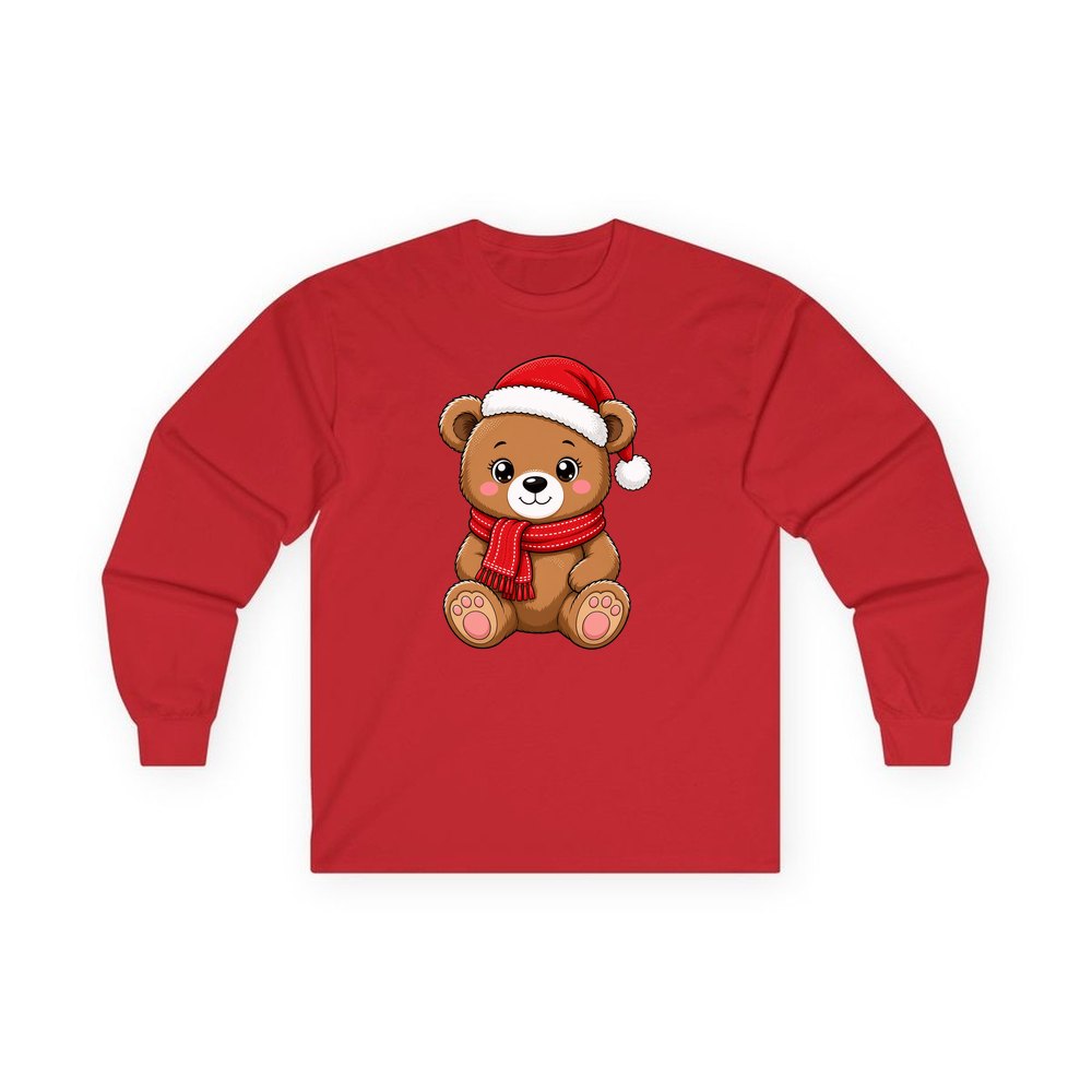 Teddy Bear In Santa Hat personalised long sleeve Christmas T-shirt in red