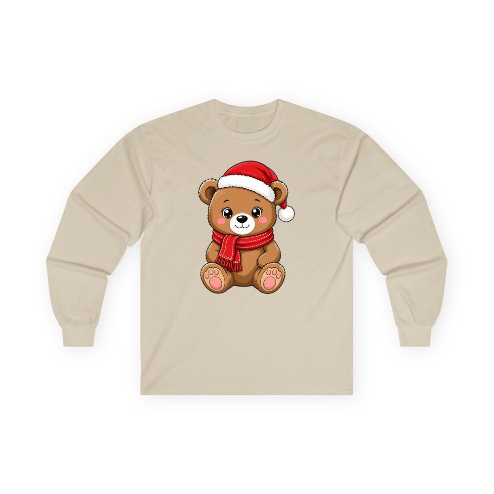 Teddy Bear In Santa Hat personalised long sleeve Christmas T-shirt in sand