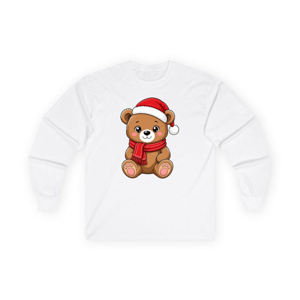 Teddy Bear In Santa Hat personalised long sleeve Christmas T-shirt in white