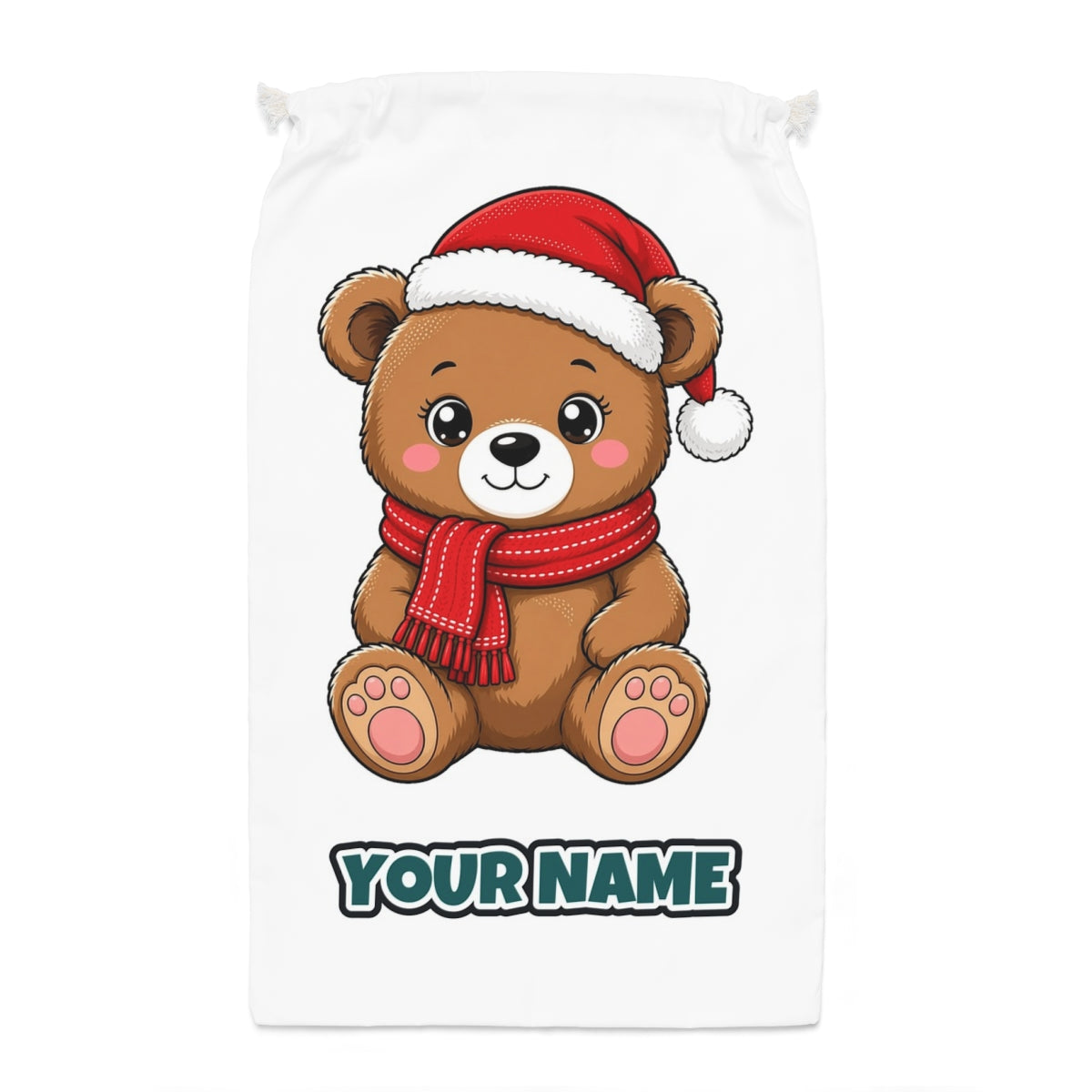 Teddy Bear In Santa Hat Santa sack laid flat, showing the full print