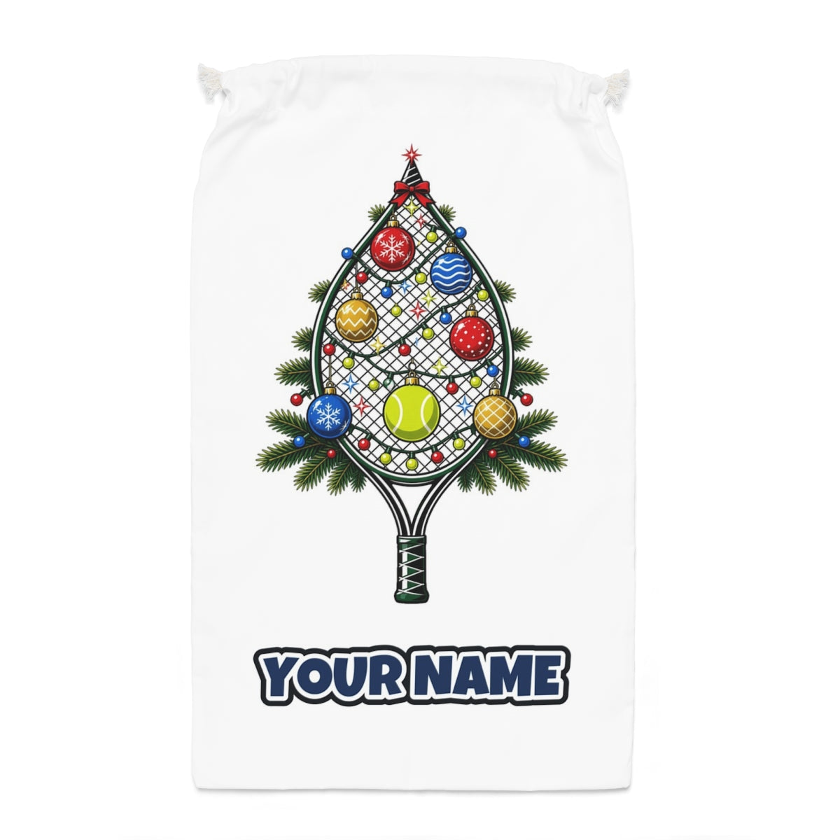 Tennis Racquet Tree Santa sack laid flat, showing the full print