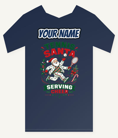 Tennis Santa Serving Cheer Personalised Kids and Baby Christmas Tee