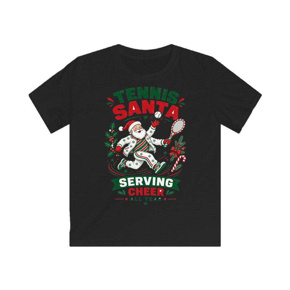 Tennis Santa Serving Cheer personalised kids Christmas tee in black