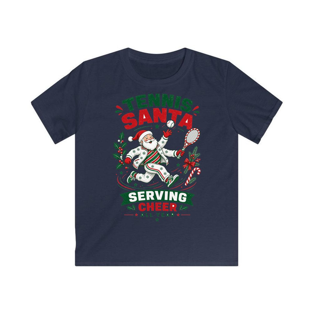 Tennis Santa Serving Cheer personalised kids Christmas tee in navy