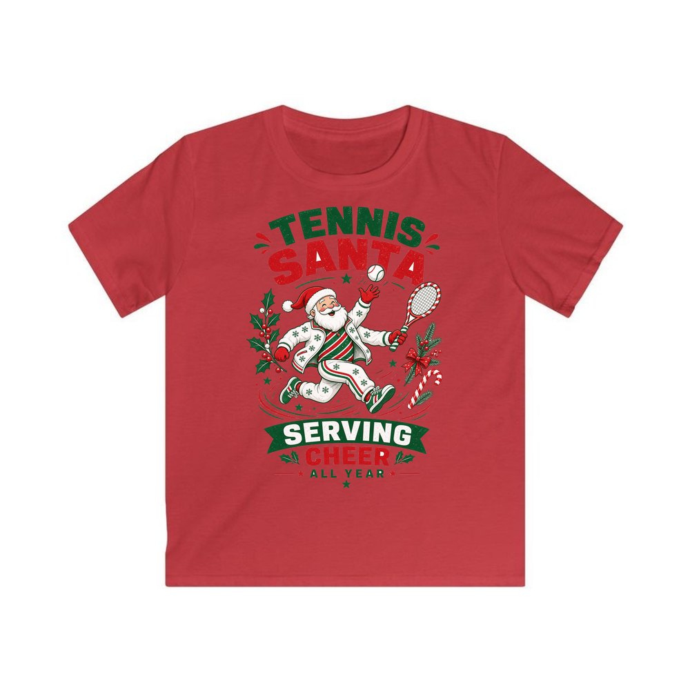 Tennis Santa Serving Cheer personalised kids Christmas tee in red