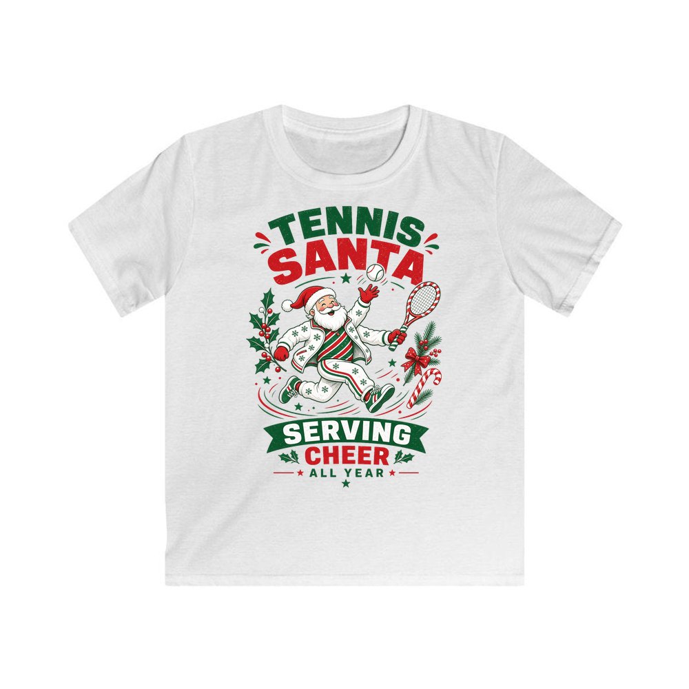 Tennis Santa Serving Cheer personalised kids Christmas tee in white