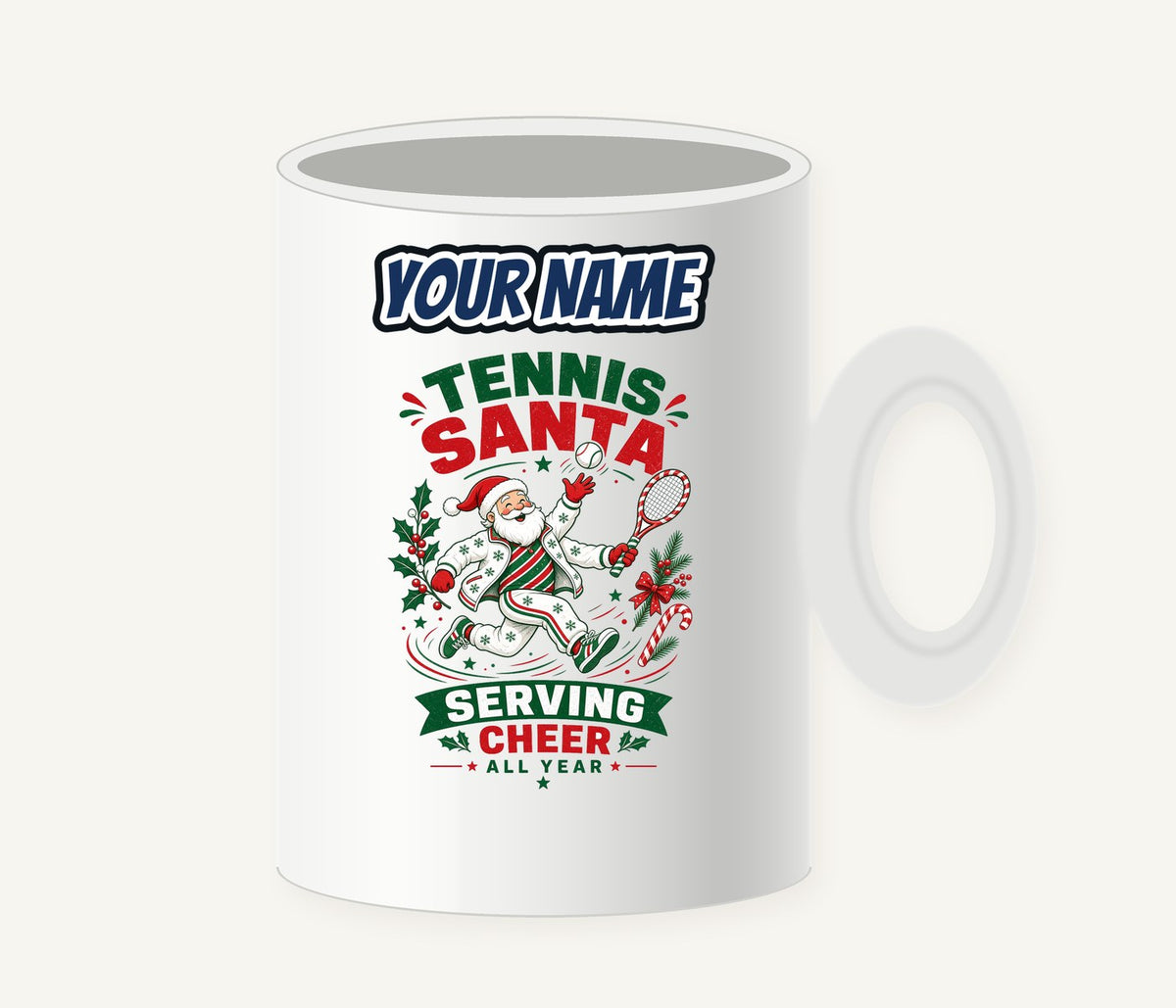 Tennis Santa Serving Cheer Personalised Christmas Mug