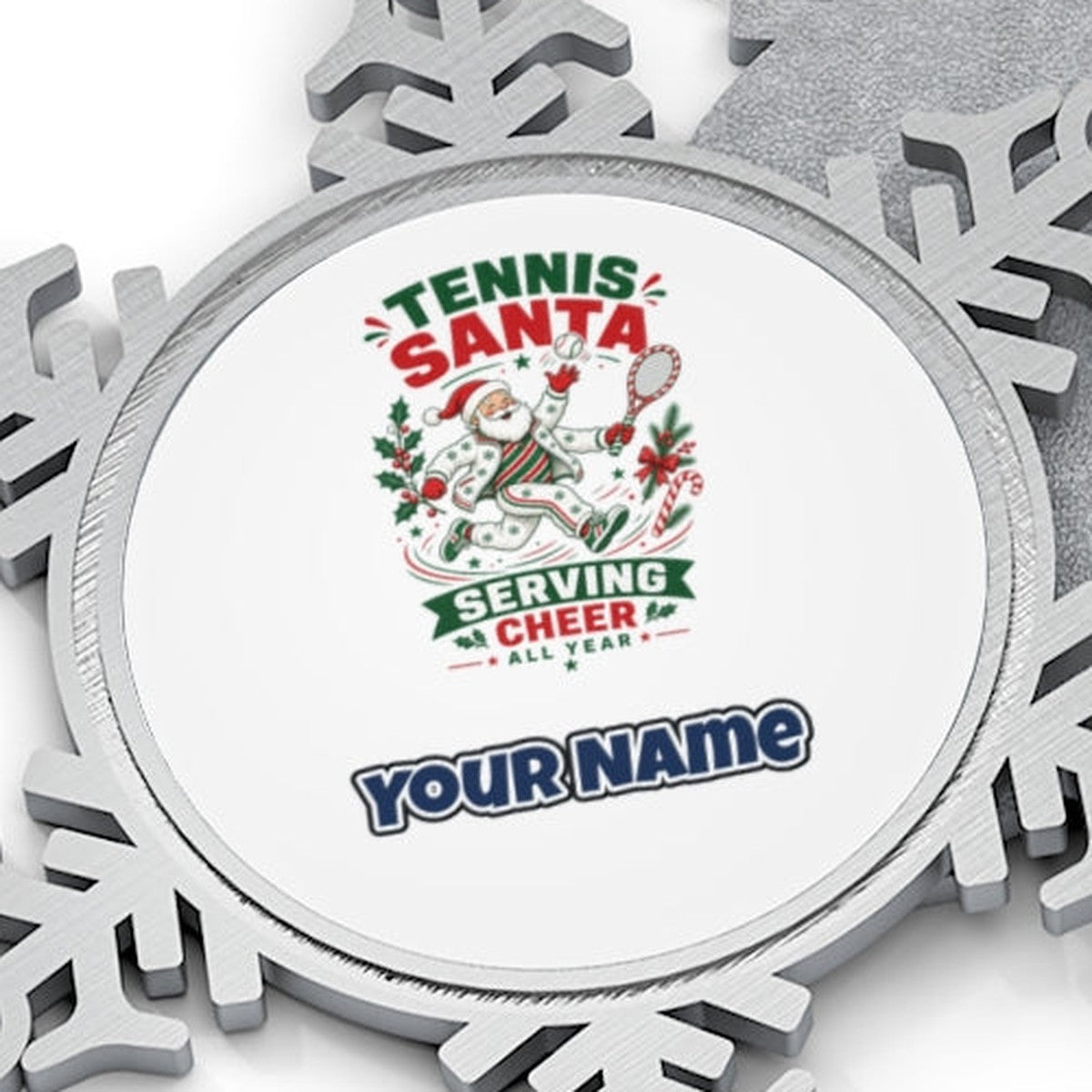 Tennis Santa Serving Cheer Personalised Pewter Christmas Ornament